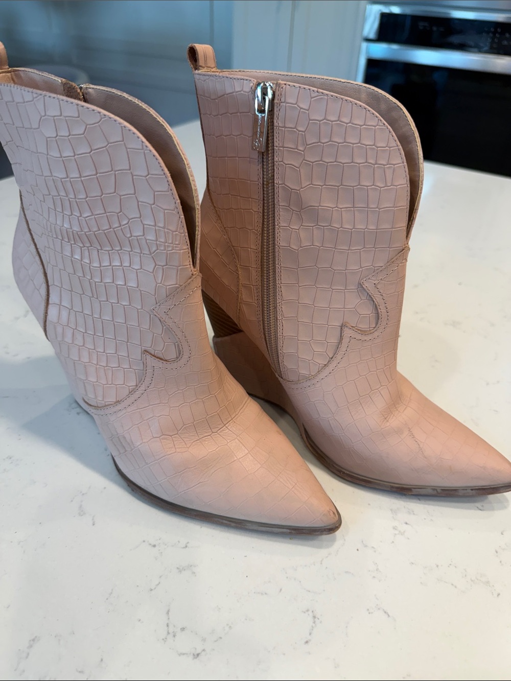 Textured Pointed-Toe Western Ankle Boots in Blush